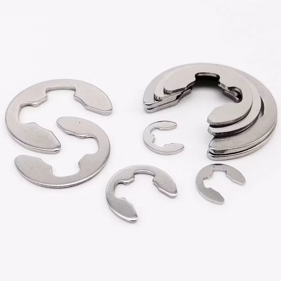 Precio de fábrica de ventas calientes Arandela de bloqueo de resorte de metal en forma de E Arandela dividida Hebilla de eje abierto M1.2-M15